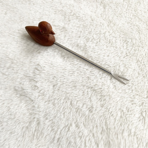 Vintage Danish Duck Cocktail Fork MCM Barware Wood Stainless Steel - Picture 4 of 8